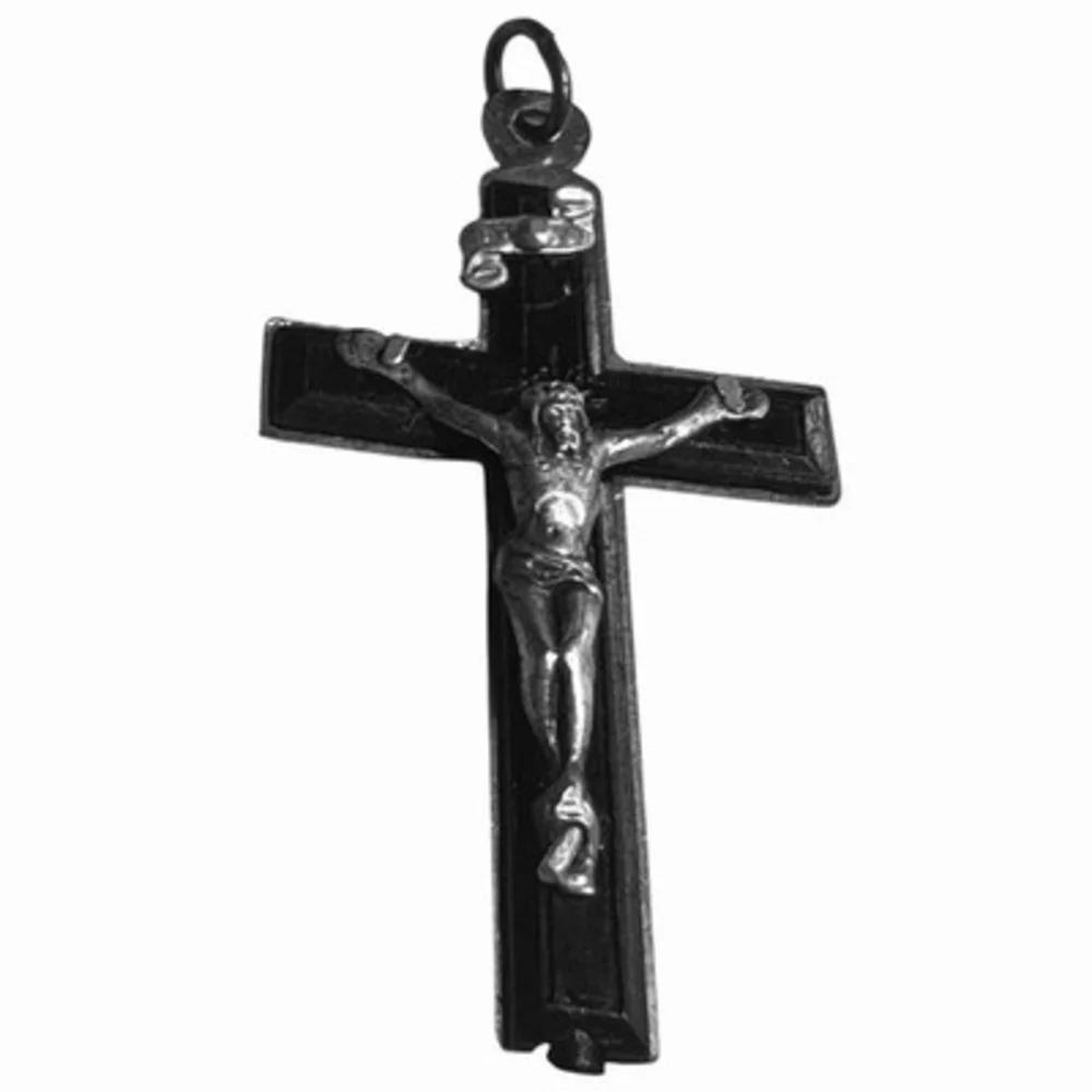 Vintage Italian Silver Tone Black Inlay Crucifix Pendant Catholic Cross 1.75